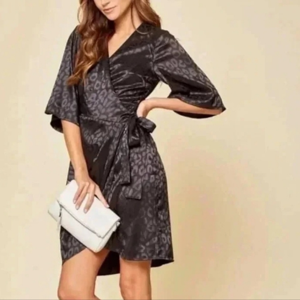 Savanna Jane Chic Black Wrap Dress with Leopard Print